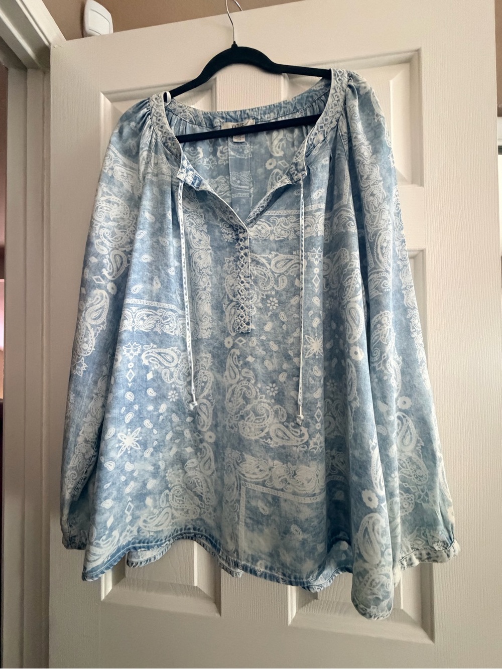 Light Blue Paisley Lace-Up Peasant Tunic